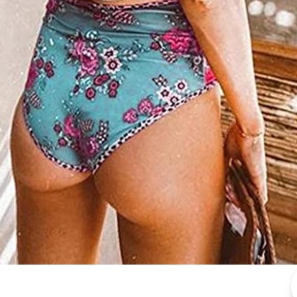NEW AQUA Blue Floral Purple Contrast Spotted High Rise Bikini Swim Bottom Large - Picture 8 of 8